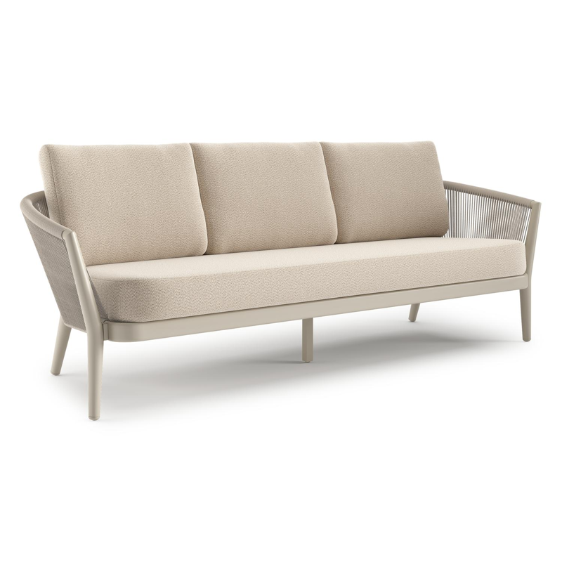 Orso loungebank in beige aluminium en beige verticaal geweven ronde rope met Lopi Sand all weather sunbrella® luxe kussen