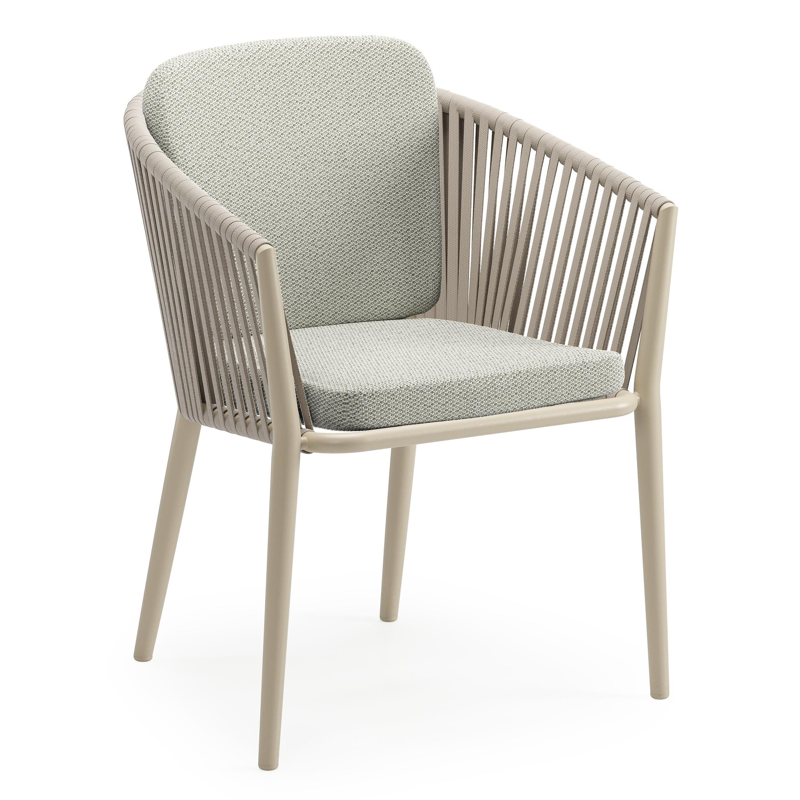 Chaise de jardin Orso en aluminium beige et corde plate tissée verticalement beige avec coussin en All Weather Sunbrella® Luxe Lopi Bud