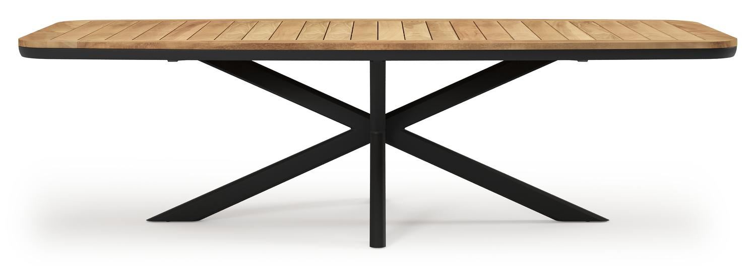 Pamplona bootvormige tuinset in zwart aluminium en teak natural finish met 10 Madura tuinstoelen