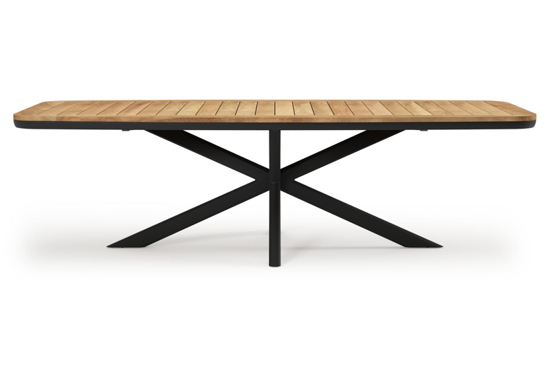 Pamplona bootvormige tuinset in zwart aluminium en teak natural finish met 8 Artena tuinstoelen