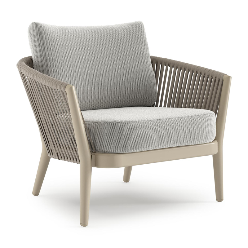 Orso loungestoel in beige aluminium en beige verticaal geweven luxe vlakke rope met Lopi Ash all weather sunbrella® luxe kussen