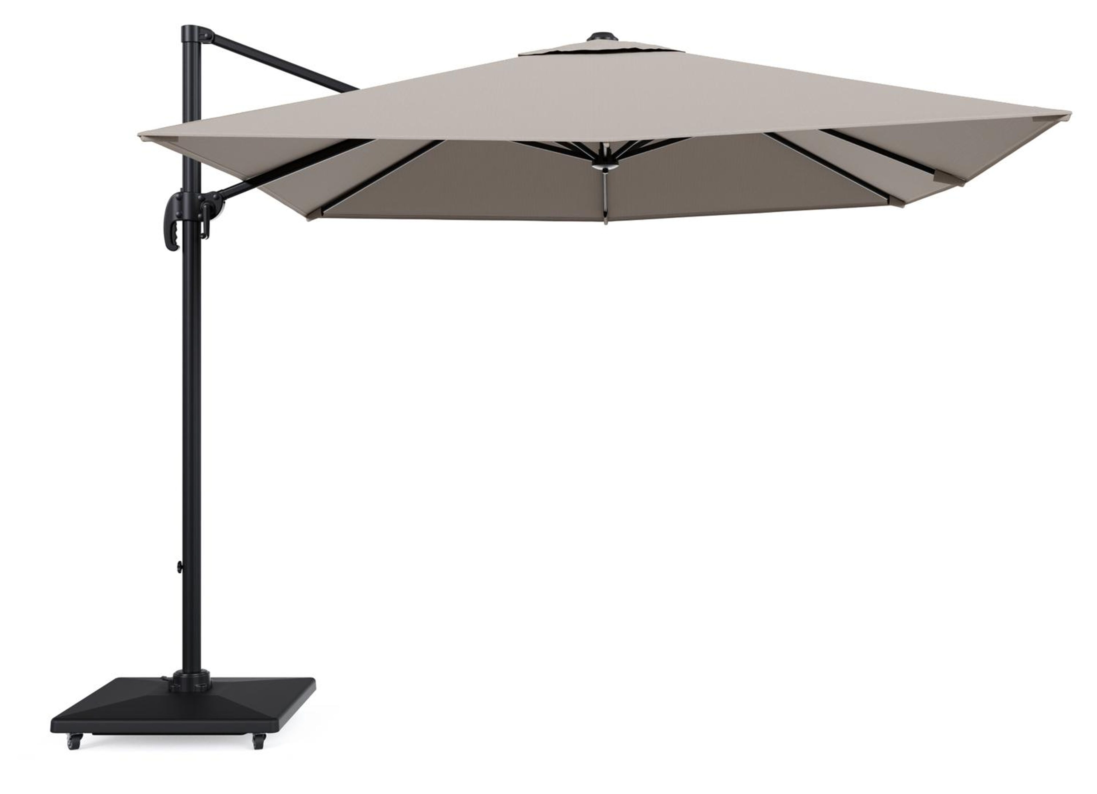 Calpe zweefparasol in zwart aluminium en beige Weather+ Softtouch parasoldoek - L1 270 x L2 270 cm met Avola parasolvoet 90 kg met wielen