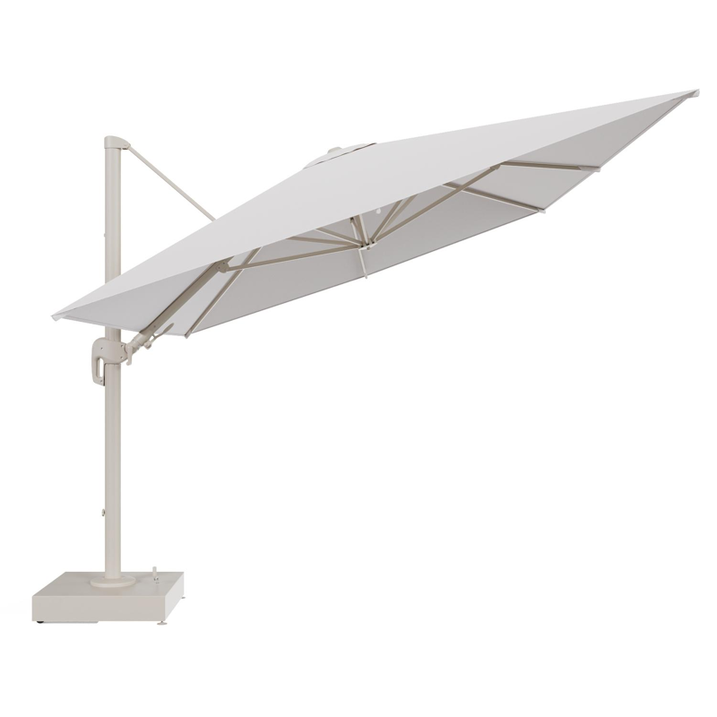 Rufina zweefparasol met tiltfunctie in beige aluminium en Ego Eggshell All Weather Solica parasoldoek - L1 400 x L2 300 cm met parasolvoet Minore 150 kg met wielen