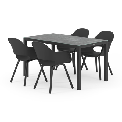 Ensemble de jardin Feltro en aluminium noir avec plateau de table en céramique verre gris et 4 chaises de jardin Artena