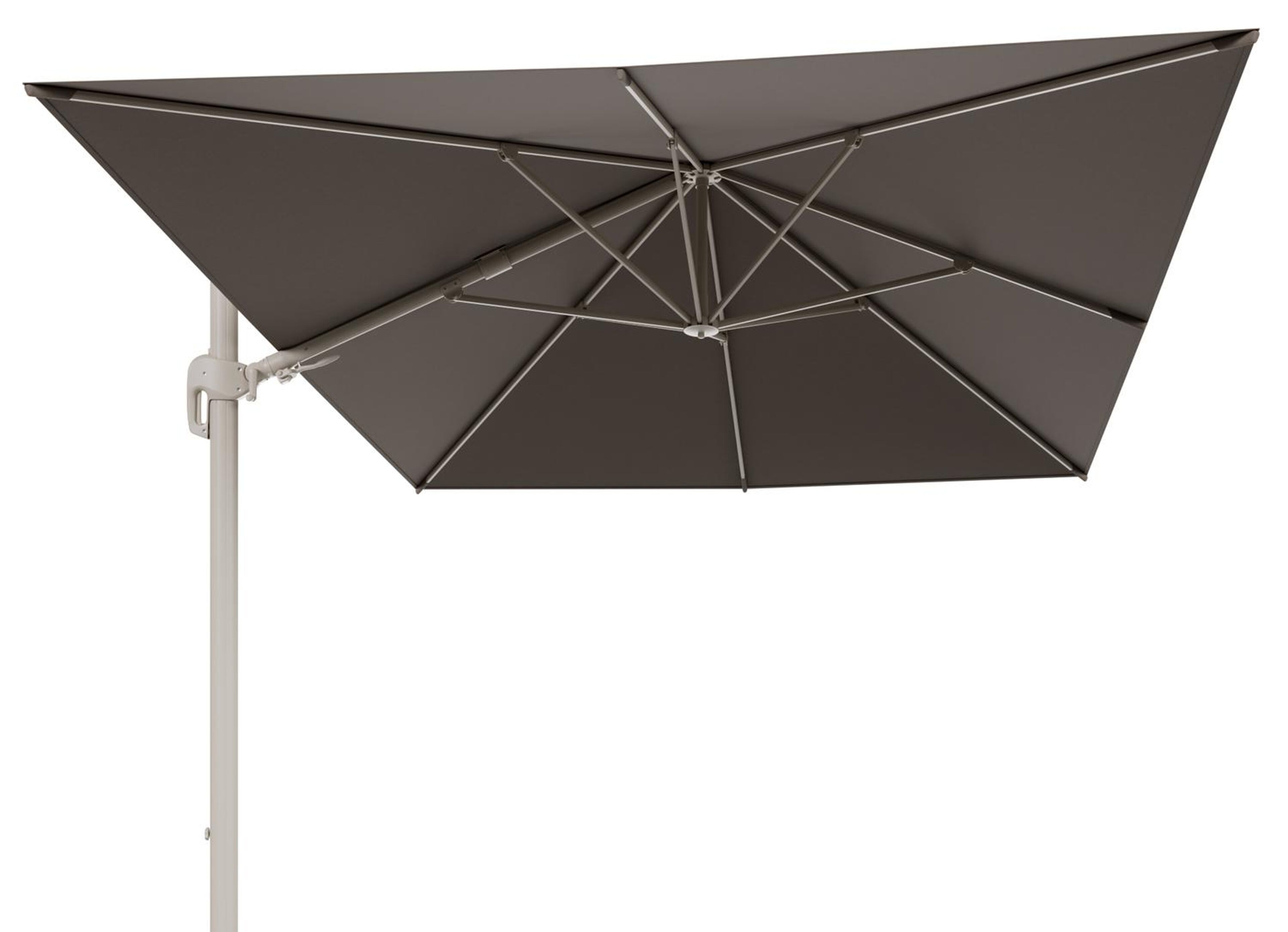 Parasol pendant Rufina avec fonction tilt en aluminium beige et toile de parasol en All Weather Sunbrella® Luxe Natte Heather Grey  - Lg.1 400 x Lg.2 300 cm (sans pied de parasol