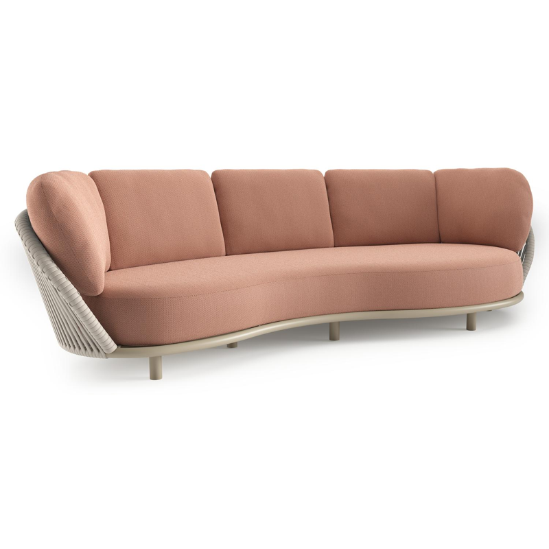 Lupino loungebank in beige aluminium en beige verticaal geweven luxe vlakke brede rope met lopi fawn all weather sunbrella® luxe kussen