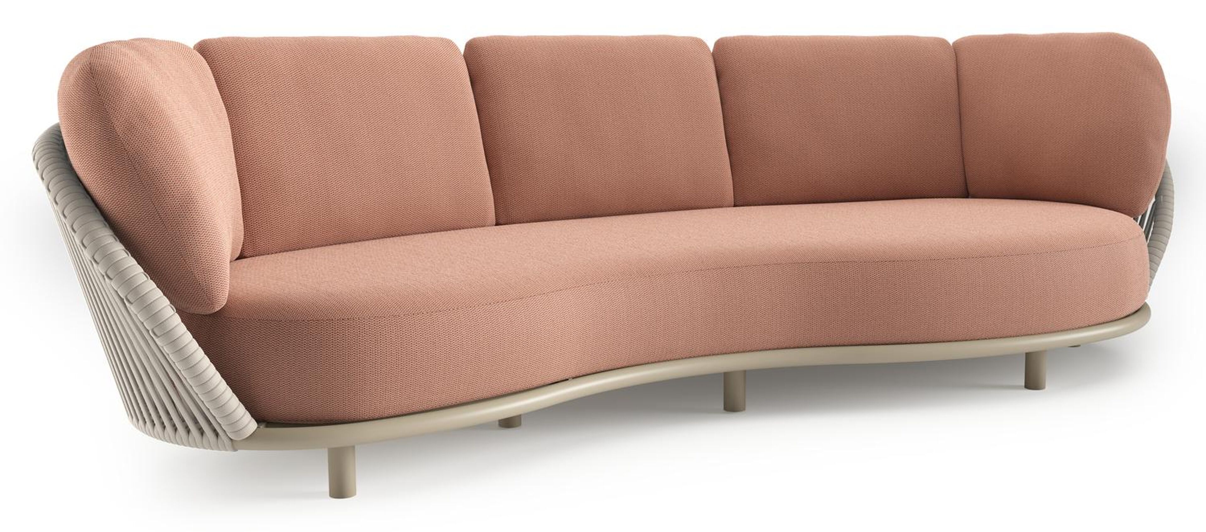 Lupino loungebank in beige aluminium en beige verticaal geweven luxe vlakke brede rope met lopi fawn all weather sunbrella® luxe kussen