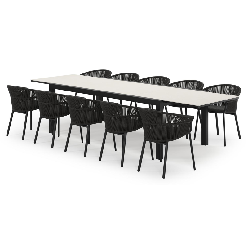 Calobra ensemble de jardin extensible rectangulaire en aluminium noir en sintered stone crema minerale avec 10 chaises de jardin Matera