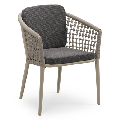 Chaise de jardin empilable Orso en aluminium beige et corde ronde tissée résille beige avec coussin en All Weather Solica Firenze Tunder