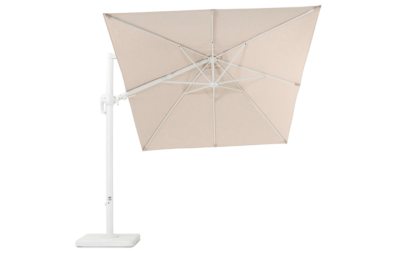 Rufina zweefparasol met tiltfunctie in wit aluminium met beige all weather sunbrella® premium parasoldoek - L1: 250 x L2: 350 cm (met voet)