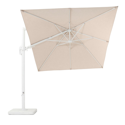 Rufina zweefparasol met tiltfunctie in wit aluminium met beige all weather sunbrella® premium parasoldoek - L1: 250 x L2: 350 cm (met voet)