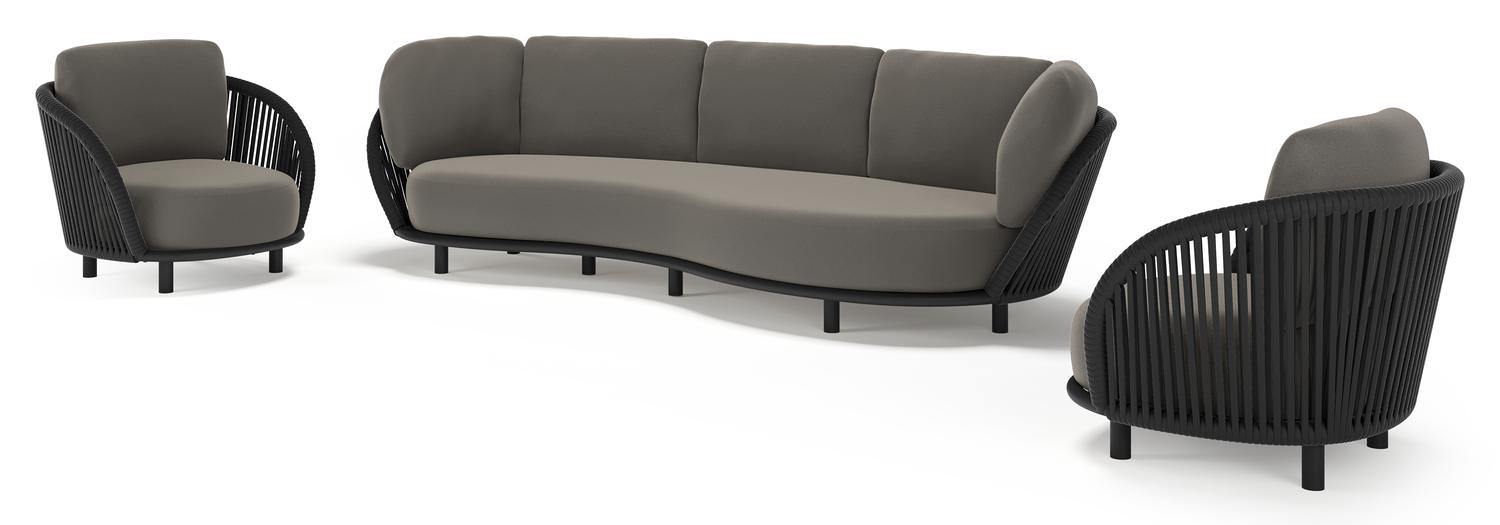 Lupino loungeset in zwart aluminium en zwart verticaal geweven luxe vlakke brede rope met natte dark taupe all weather sunbrella® luxe kussen