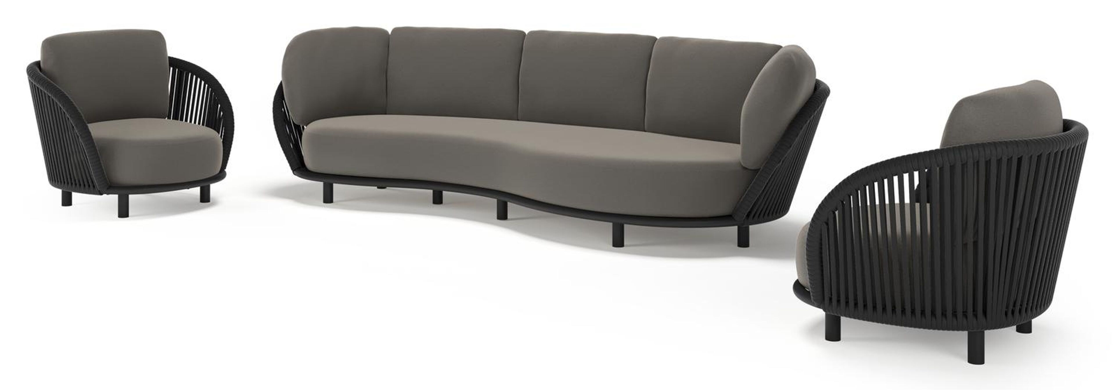 Lupino loungeset in zwart aluminium en zwart verticaal geweven luxe vlakke brede rope met natte dark taupe all weather sunbrella® luxe kussen