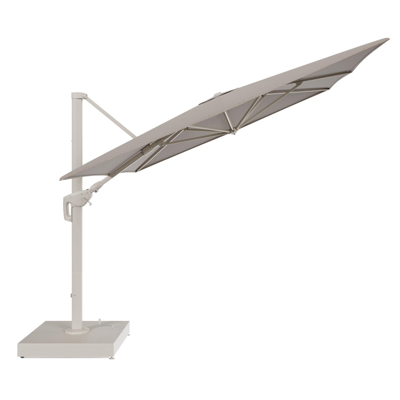 Parasol pendant Minore avec fonction tilt en aluminium beige et toile de parasol All Weather Solica Firenze Earth - Lg.1 400 x Lg.2 300 cm avec pied de parasol Minore 260 kg avec roulettes