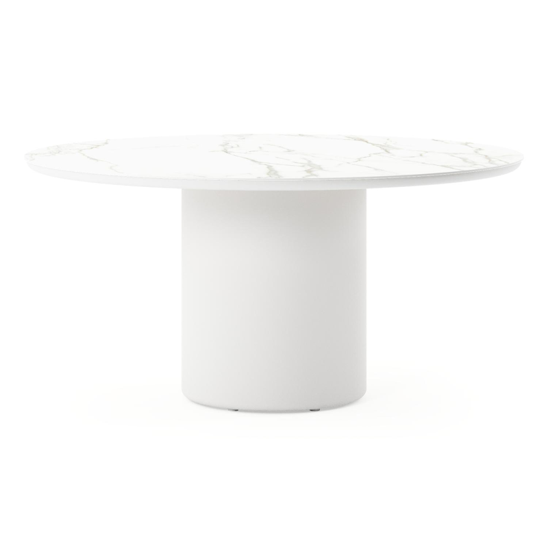 Table de jardin Amico rond en aluminium blanc et céramique pleine Calacatta - Diam. 148 x Haut. 73.5 cm