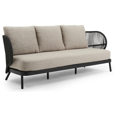 Lugano loungebank 3-zit in zwart aluminium en zwart gedraaide ronde wicker met catania beige All Weather Cosytica kussen