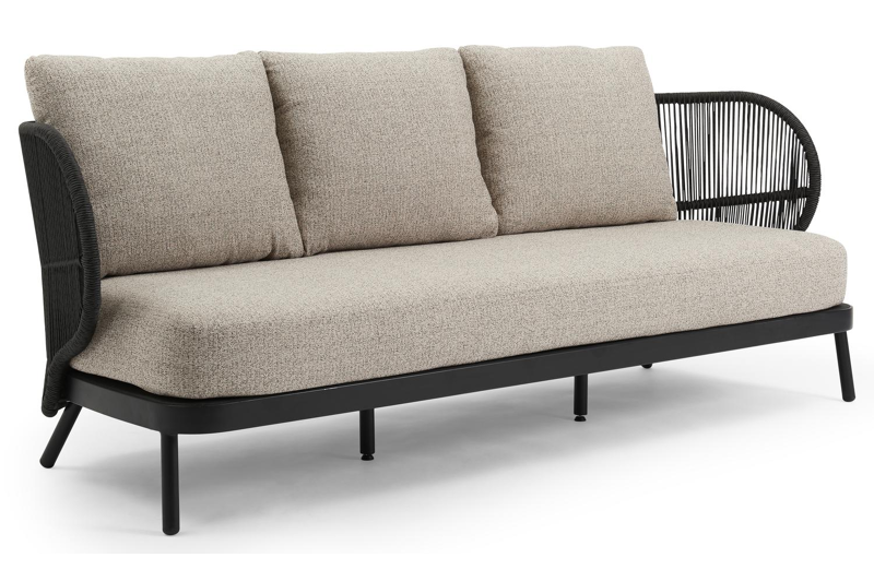 Lugano loungebank 3-zit in zwart aluminium en zwart gedraaide ronde wicker met catania beige All Weather Cosytica kussen
