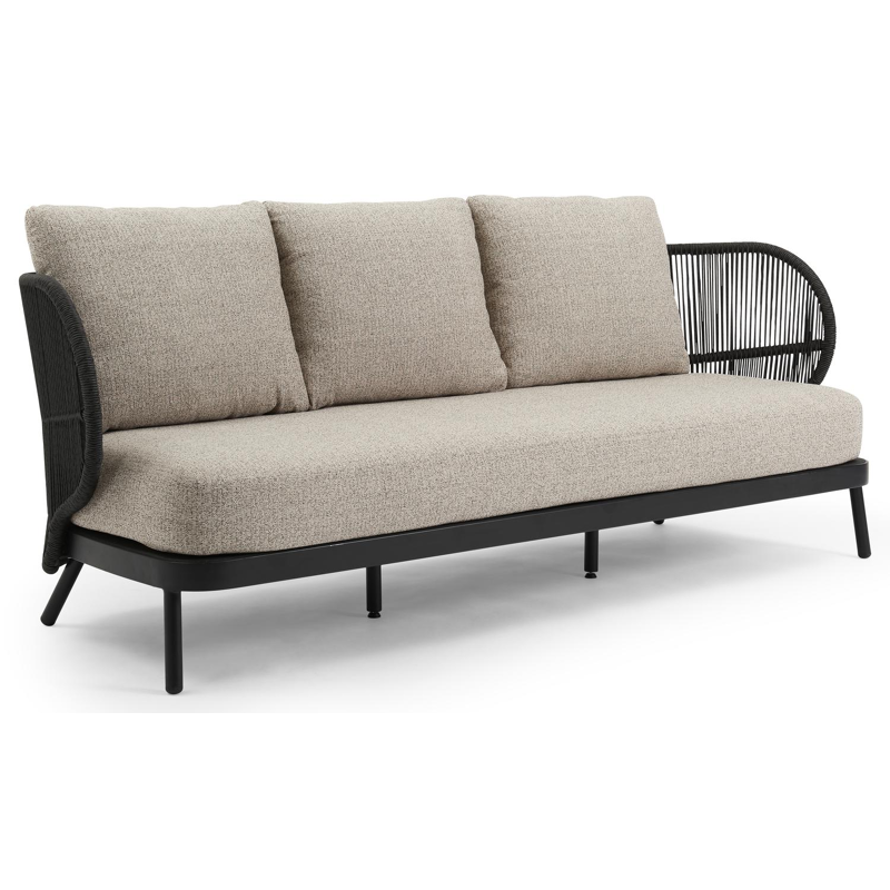 Lugano loungebank 3-zit in zwart aluminium en zwart gedraaide ronde wicker met catania beige All Weather Cosytica kussen