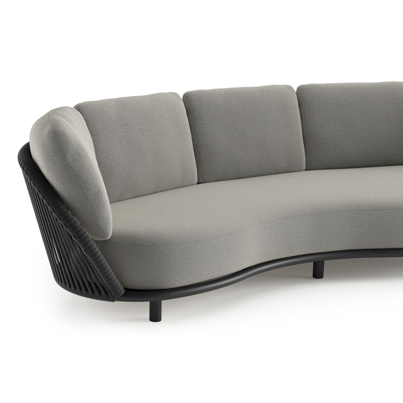 Lupino loungeset in zwart aluminium en zwart verticaal geweven luxe vlakke brede rope met savane tunder all weather sunbrella® luxe kussen