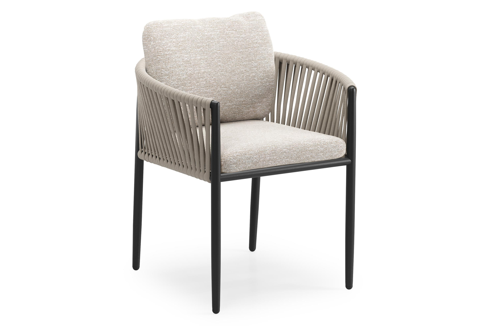 Chaise de jardin Organo en aluminium noir et corde luxe plate tissée verticalement beige avec coussin en All Weather Sunbrella® Luxe Tundra Sand