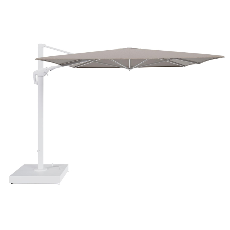 Parasol pendant Minore avec fonction tilt en aluminium blanc et toile de parasol All Weather Solica Firenze Earth - Lg.1 400 x Lg.2 300 cm avec pied de parasol Minore 260 kg avec roulettes
