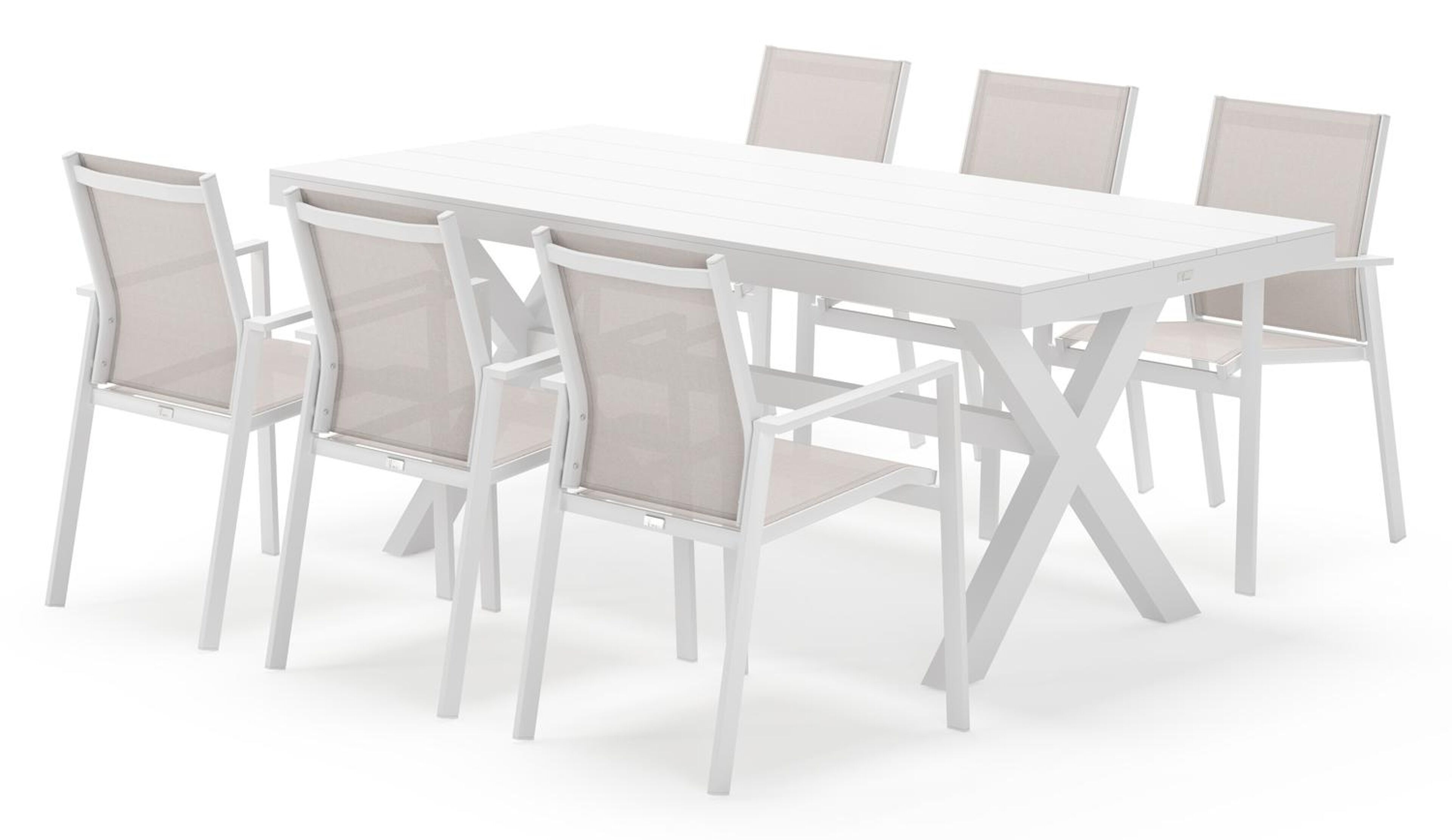 Bahia tuinset rechthoekig in wit aluminium met 6 Bahia tuinstoelen
