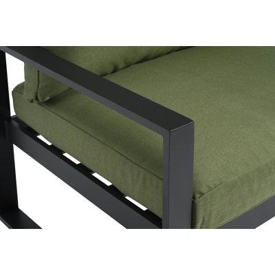 Caldela loungehoek in zwart aluminium met groen polyester kussens en loungetafel