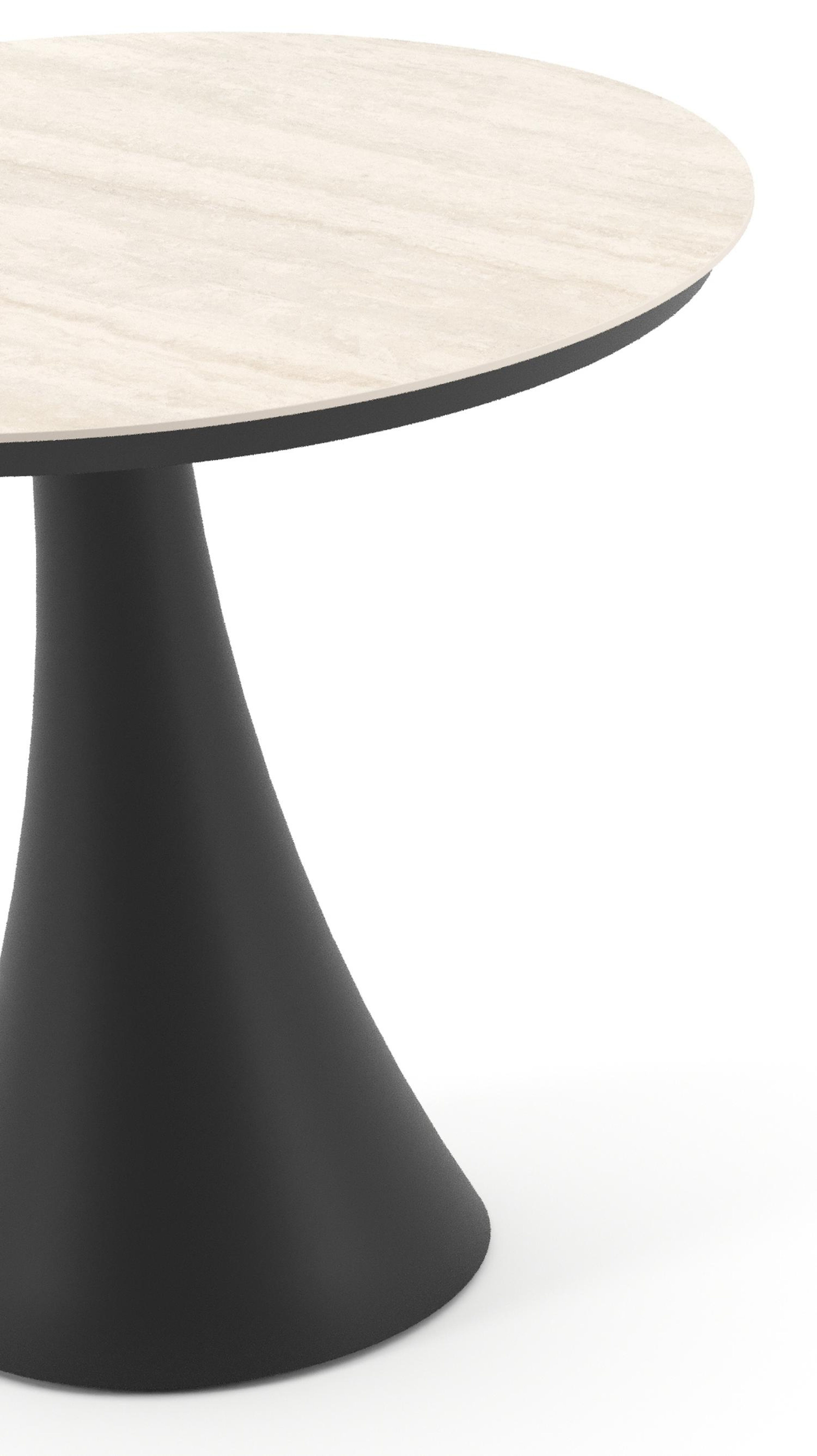Table de jardin Fano ronde en aluminium noir et céramique pleine Travertino Bianco - Diam. 85 x Haut. 74 cm