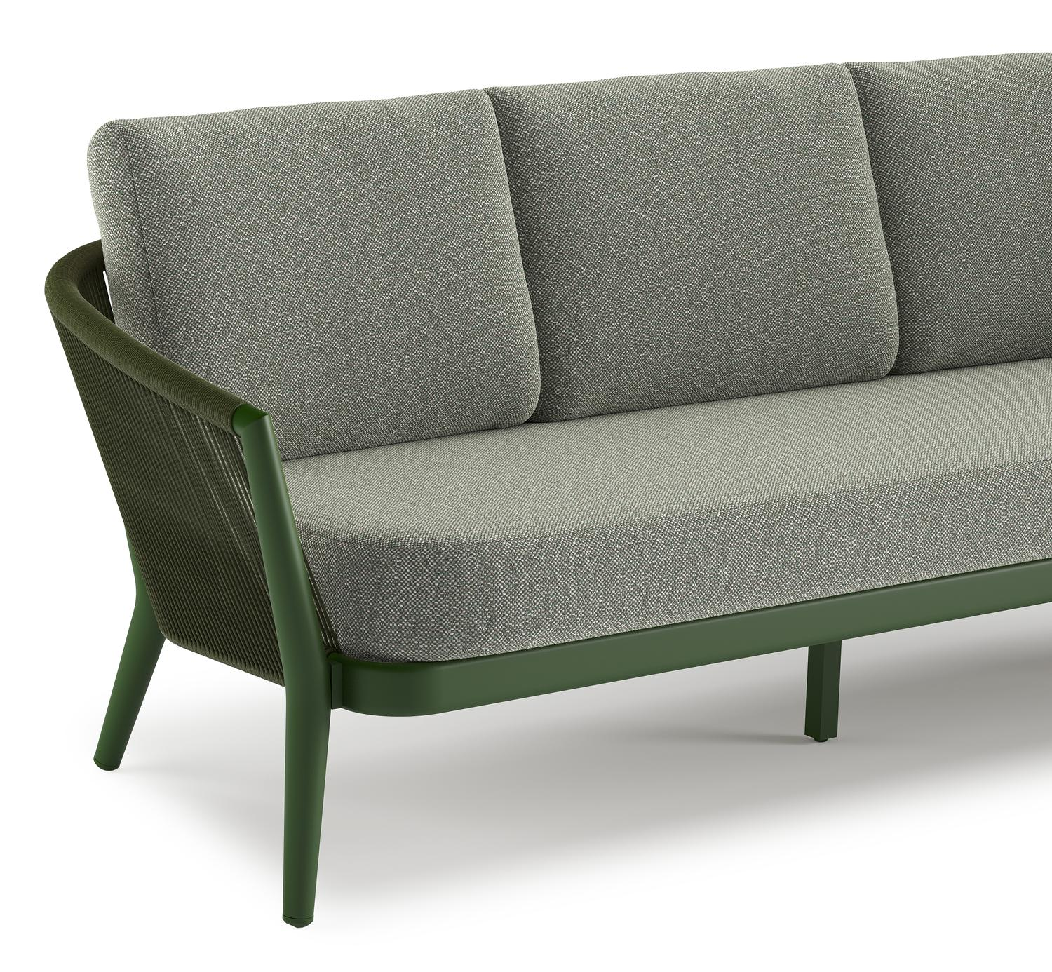 Orso loungeset in groen aluminium en groen verticaal geweven ronde rope met Savane Leaf all weather sunbrella® luxe kussen