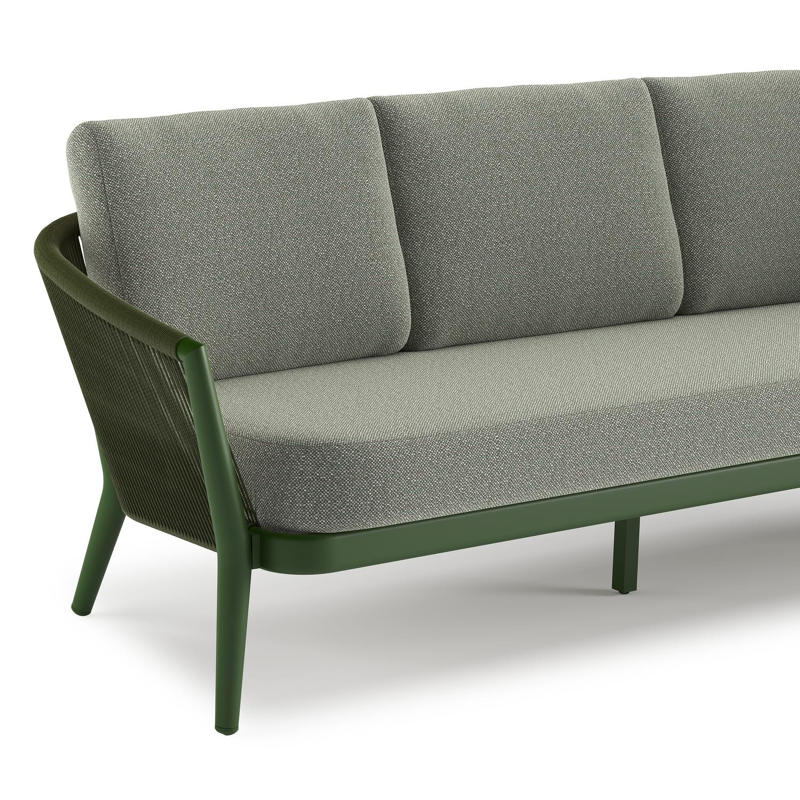Orso loungeset in groen aluminium en groen verticaal geweven ronde rope met Savane Leaf all weather sunbrella® luxe kussen