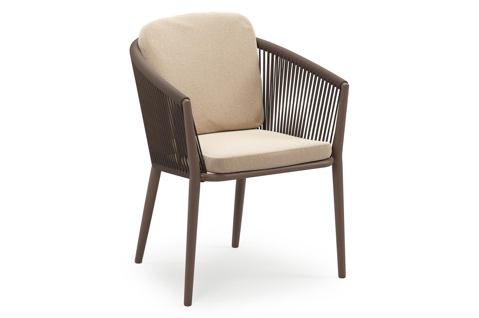Chaise de jardin empilable Orso en aluminium taupe et corde ronde tissée verticalement taupe avec coussin en All Weather Sunbrella® Luxe Natte Heather Beige