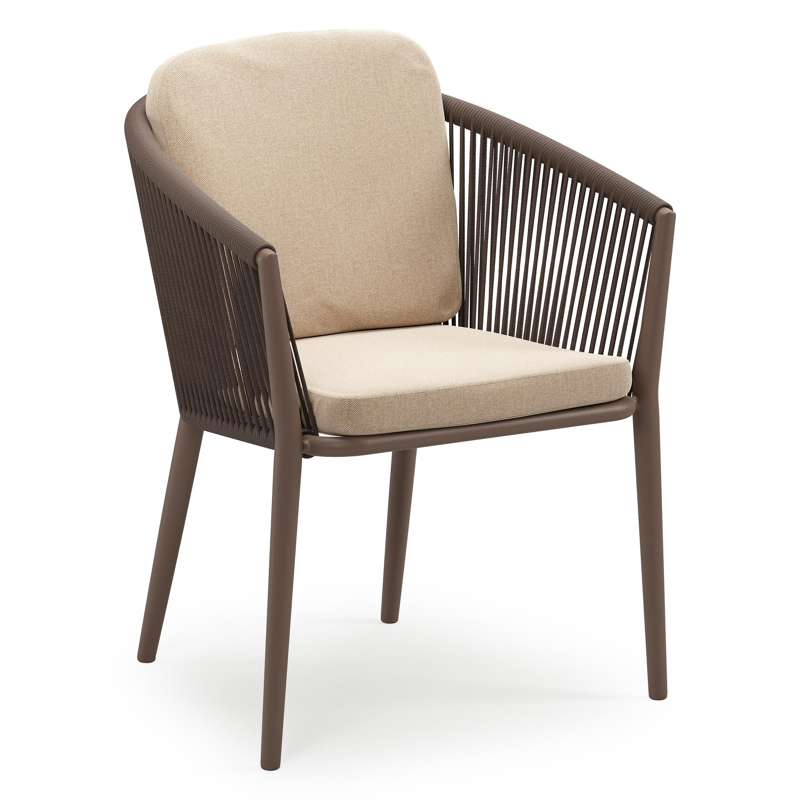 Orso stapelbare tuinstoel in taupe aluminium en taupe verticaal geweven ronde rope met stoelkussen in All Weather Sunbrella® Luxe Natte Heather Beige