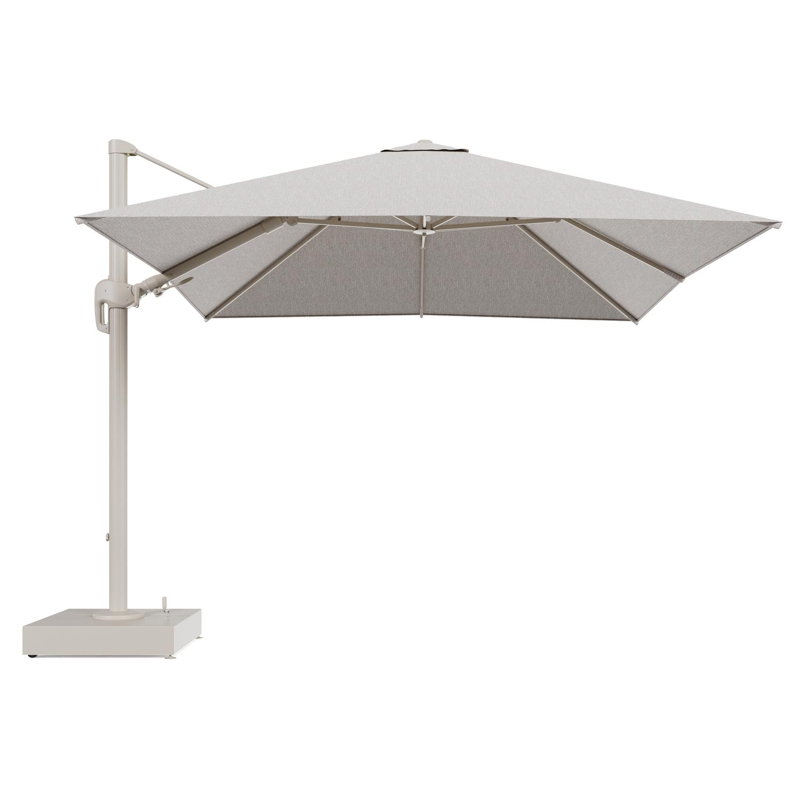 Rufina zweefparasol met tiltfunctie in beige aluminium en Tundra Sand All Weather Sunbrella® Luxe parasoldoek - L1 300 x L2 300 cm met parasolvoet Minore 150 kg met wielen