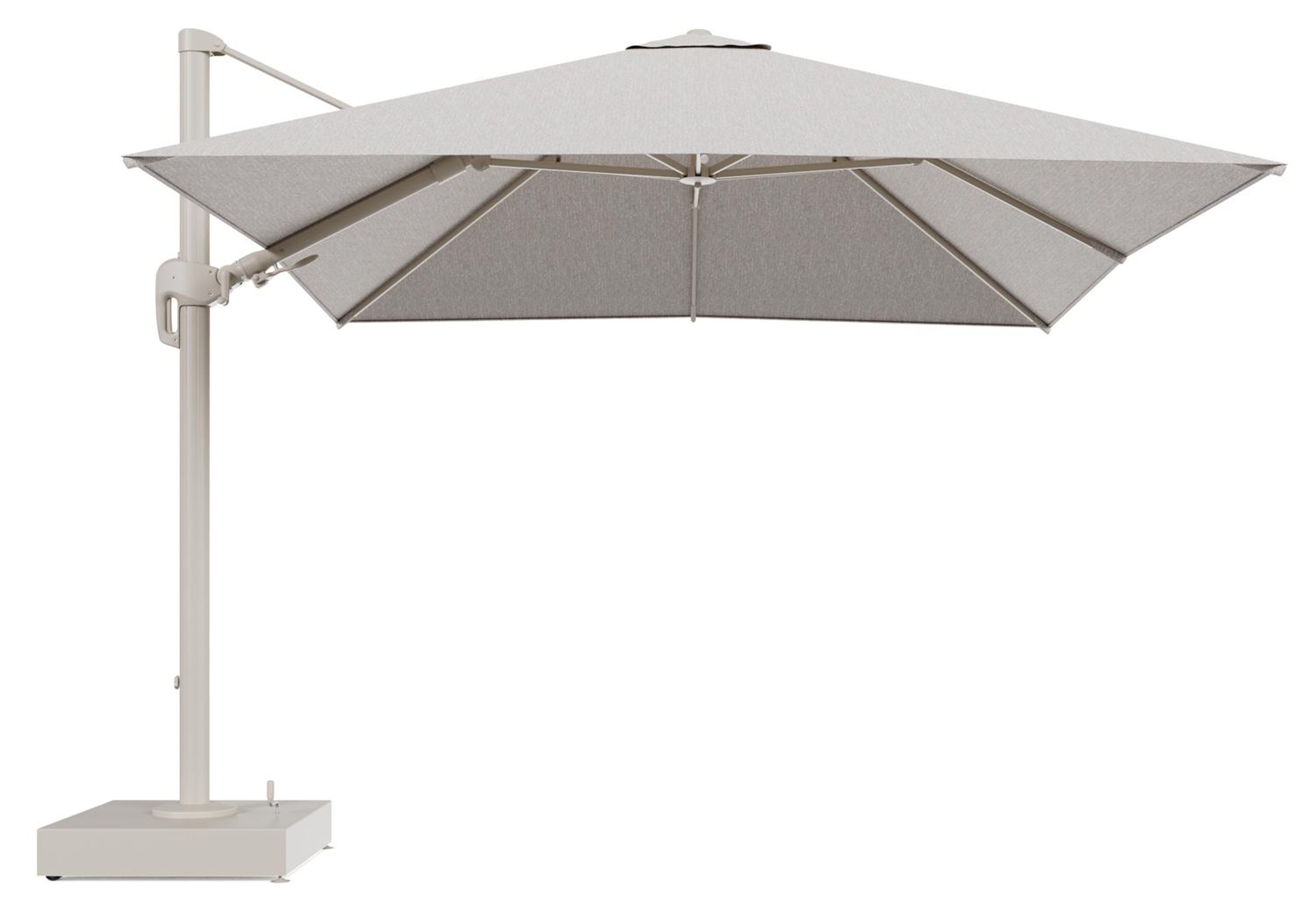Rufina zweefparasol met tiltfunctie in beige aluminium en Tundra Sand All Weather Sunbrella® Luxe parasoldoek - L1 300 x L2 300 cm met parasolvoet Minore 150 kg met wielen
