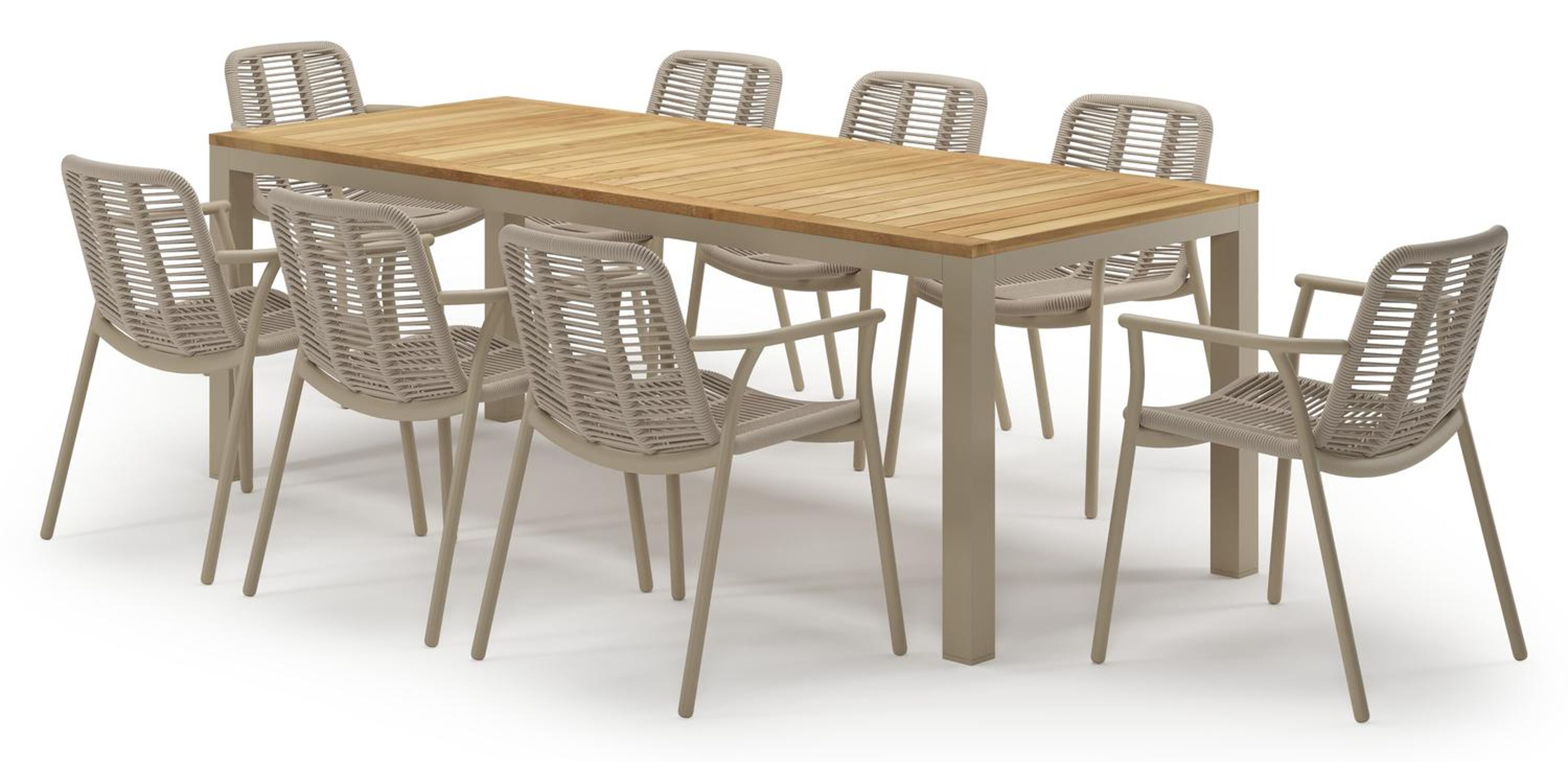 Ensemble de jardin Varese en aluminium beige et teck avec 8 chaises de jardin Berga