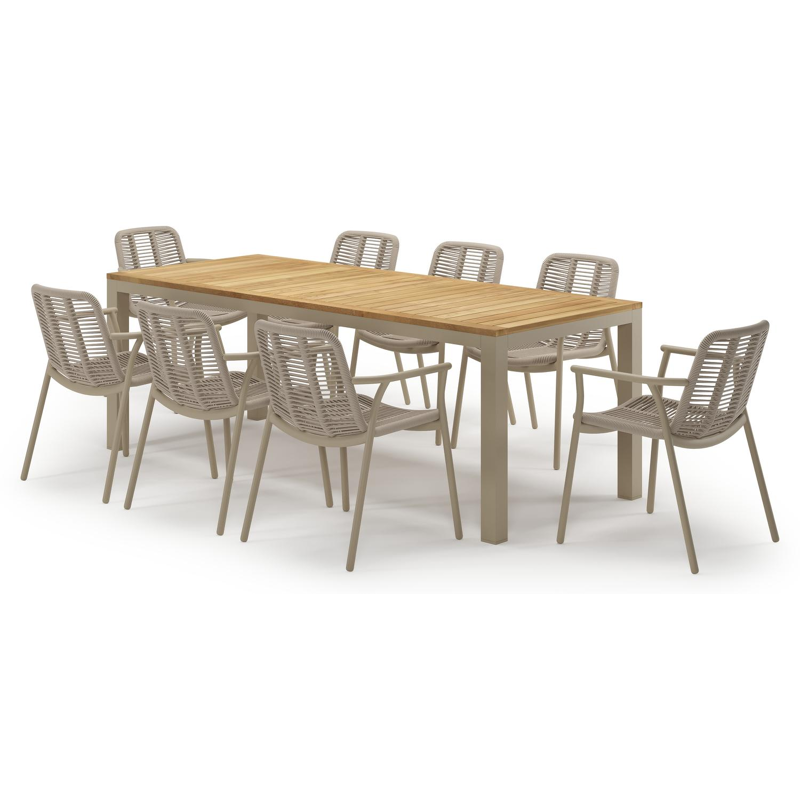 Ensemble de jardin Varese en aluminium beige et teck avec 8 chaises de jardin Berga