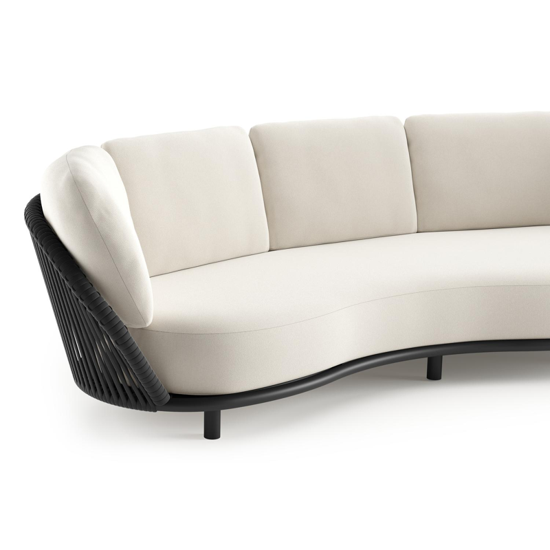 Lupino loungebank in zwart aluminium en zwart verticaal geweven luxe vlakke brede rope met savane white all weather sunbrella® luxe kussen