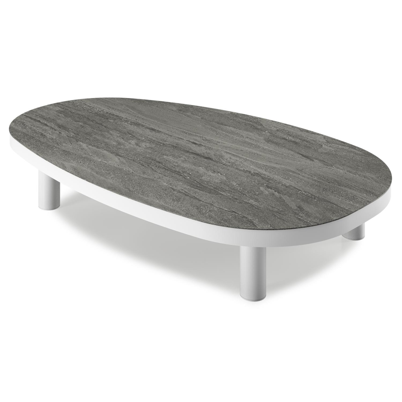 Table de basse Donato organique en aluminium blanc et céramique pleine Aspen Grey - Lg. 151 x Lrg. 90 x Haut. 25 cm