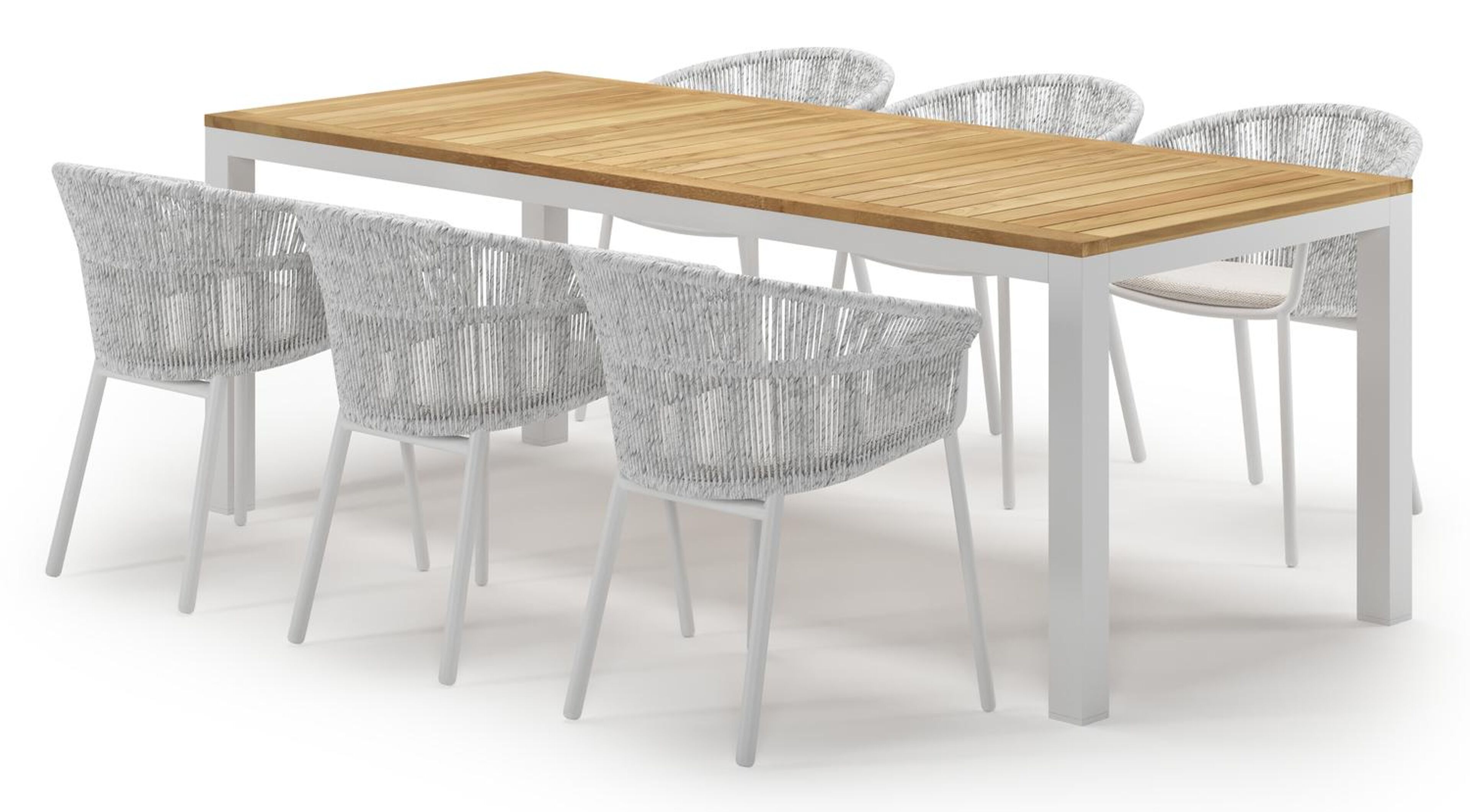 Varese tuinset in wit aluminium en teak met 6 Matera tuinstoelen