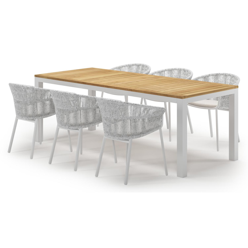 Varese tuinset in wit aluminium en teak met 6 Matera tuinstoelen