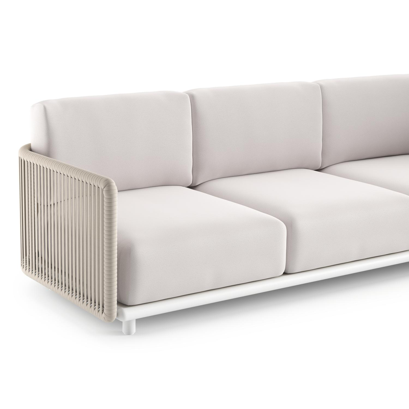 Organo loungebank in wit aluminium en beige verticaal geweven luxe vlakke rope met savane whisper all weather Sunbrella® luxe kussen