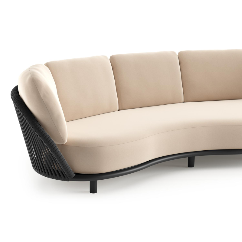 Lupino loungeset in zwart aluminium en zwart verticaal geweven luxe vlakke brede rope met natte linen chalk all weather sunbrella® luxe kussen