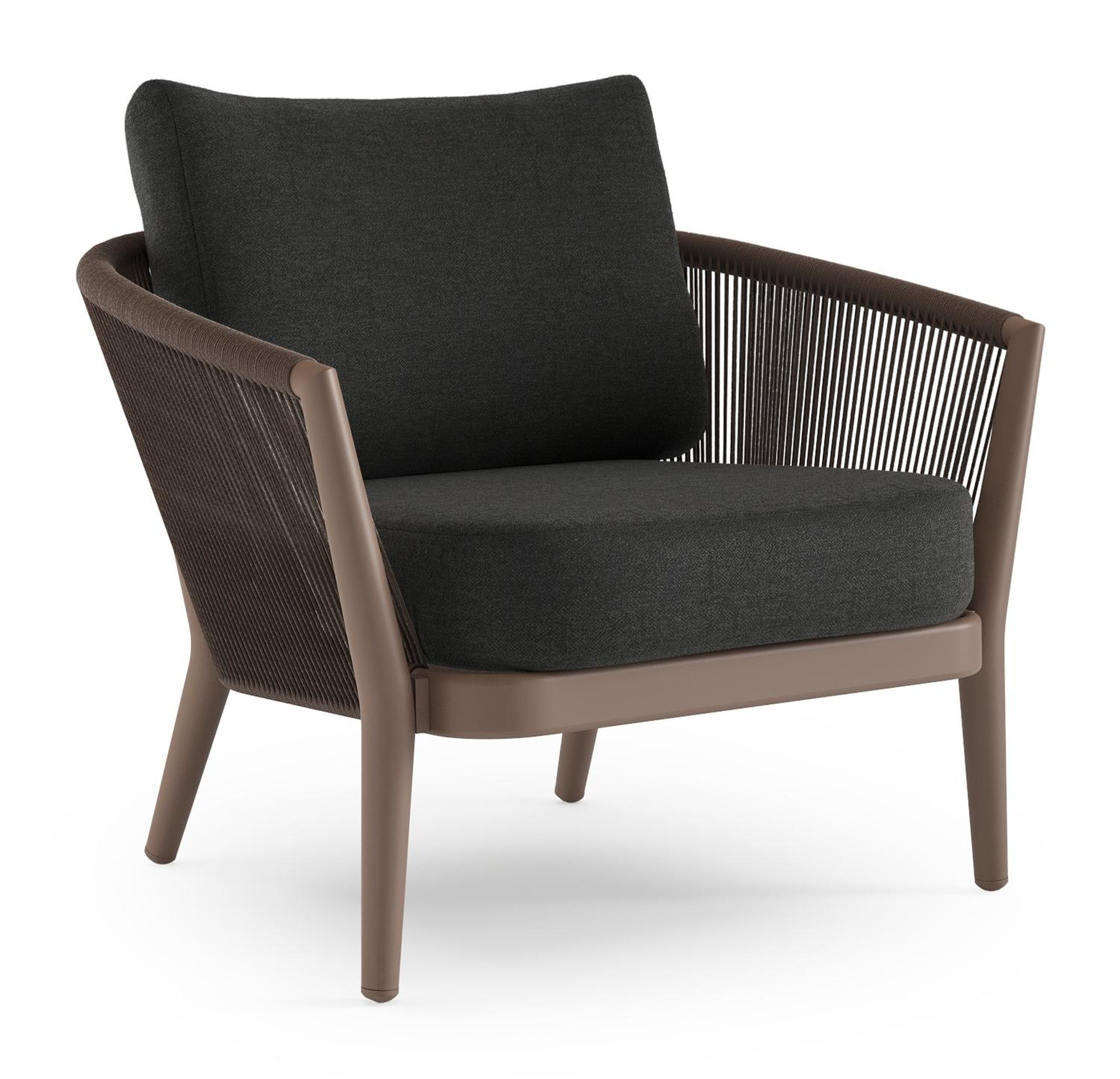 Fauteuil de jardin Orso en aluminium taupe et corde ronde tissée verticalement noir et coussins en all weather sunbrella® luxe chartres sooty