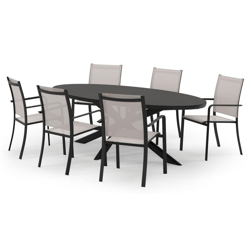 Pamplona ovale tuinset in zwart aluminium en sintered stone notte minerale met 6 Calobra tuinstoelen