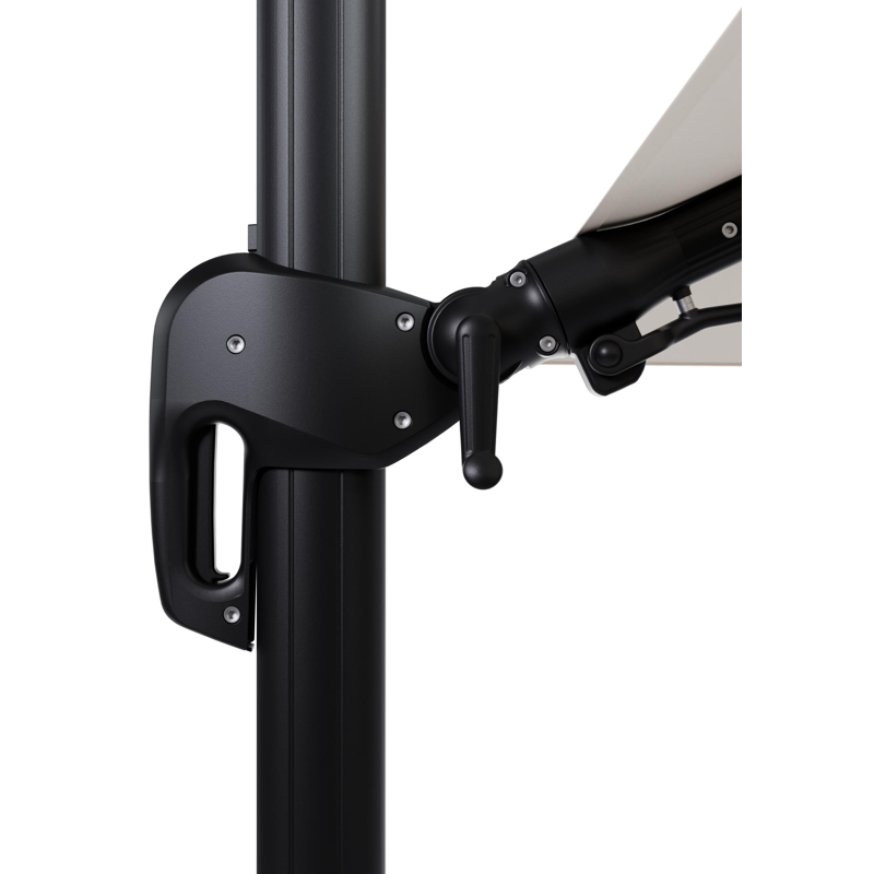 Rufina zweefparasol met tiltfunctie in zwart aluminium en Natte Linen Chalk All Weather Sunbrella® Luxe parasoldoek - L1 400 x L2 300 cm met parasolvoet Minore 150 kg met wielen