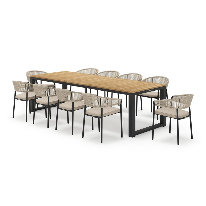 Livo rechthoekige tuinset in zwart aluminium en teak natural finish met 10 Zamora tuinstoelen