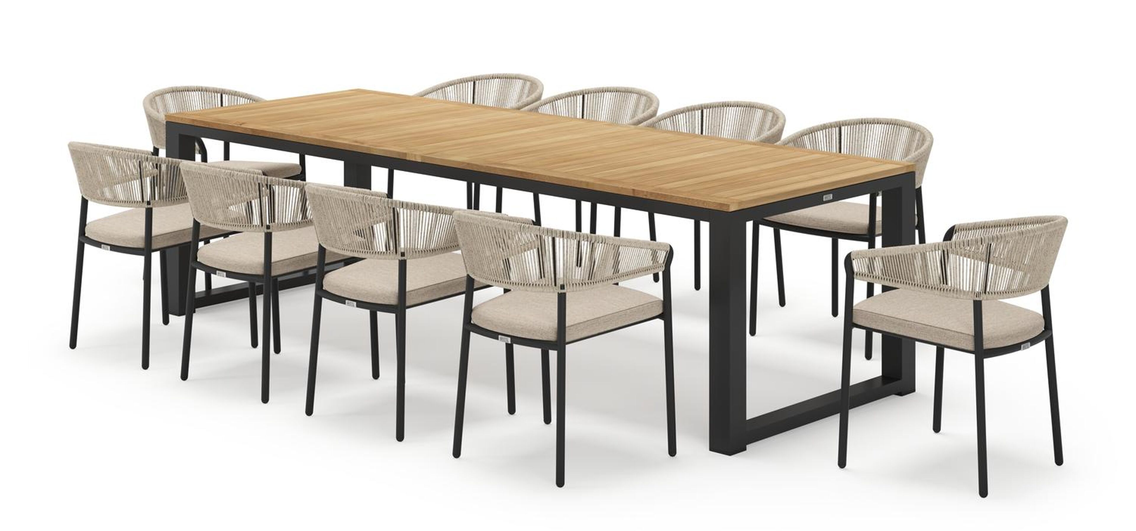 Livo rechthoekige tuinset in zwart aluminium en teak natural finish met 10 Zamora tuinstoelen