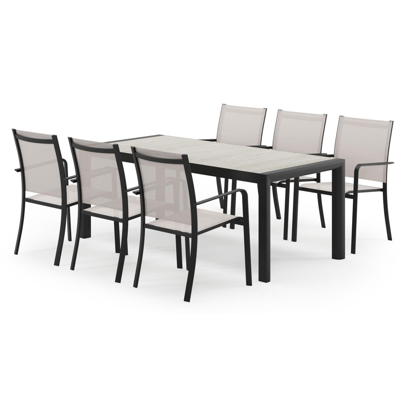 Madura ensemble de jardin rectangulaire en aluminium noir en carreaux en céramique gris avec 6 chaises de jardin Calobra