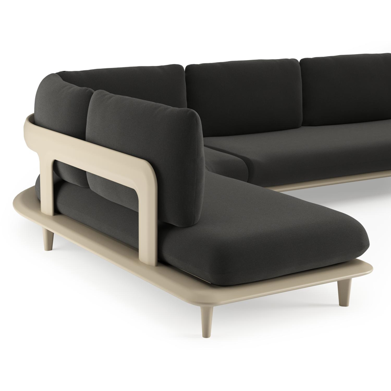 Salon de jardin d'angle Bomero en aluminium beige et coussins en all weather sunbrella® luxe natte sooty