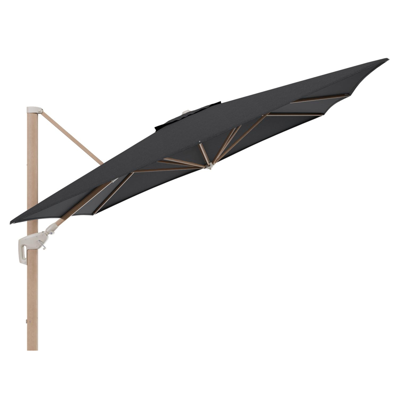 Parasol pendant Minore avec fonction tilt en aluminium aspect de bois et toile de parasol All Weather Sunbrella® Luxe Chartres Sooty - Lg.1: 350 x Lg.2: 350 cm (sans pied de parasol